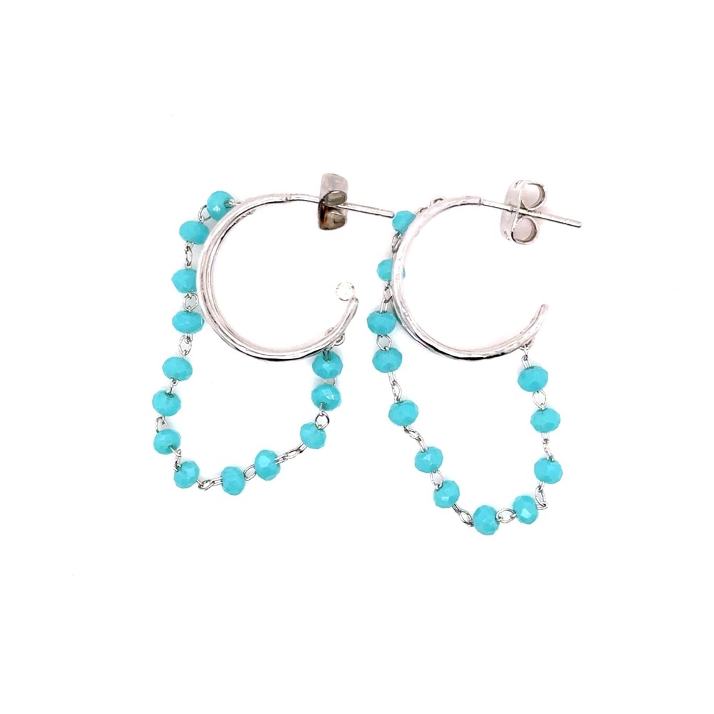 Pura Vida Silver Tone Double Hoop Beaded Chain Earrings Turquoise Blue Boho